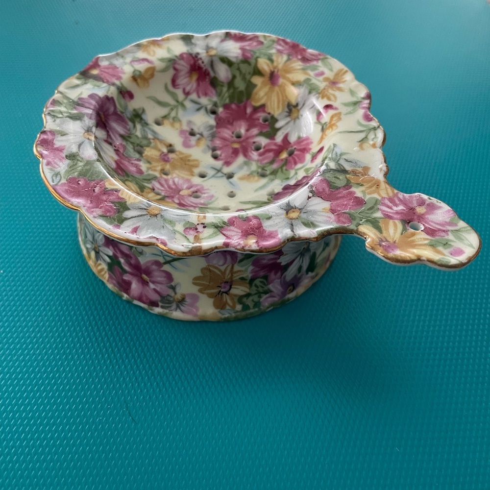 Antique German Porcelain Tea Strainer & Drip Bowl c1900 Hand Painted Floral